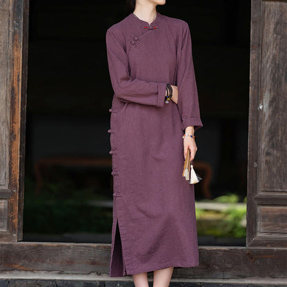 Buddha Stones Fall Plain Chinese Frog-Button Design Cotton Linen Long Sleeve Midi Dress With Pockets