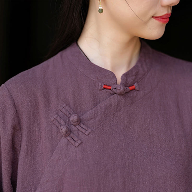 Buddha Stones Fall Plain Chinese Frog-Button Design Cotton Linen Long Sleeve Midi Dress With Pockets