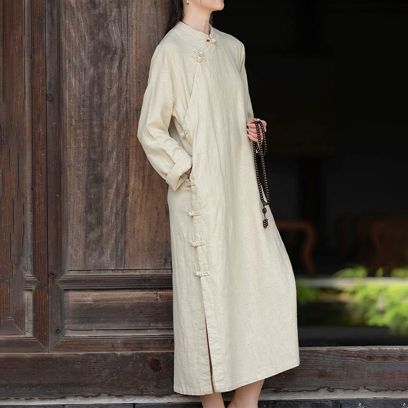 Buddha Stones Fall Plain Chinese Frog-Button Design Cotton Linen Long Sleeve Midi Dress With Pockets