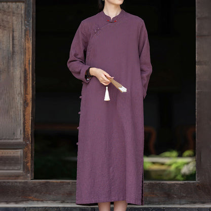 Buddha Stones Fall Plain Chinese Frog-Button Design Cotton Linen Long Sleeve Midi Dress With Pockets