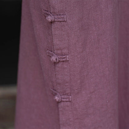 Buddha Stones Fall Plain Chinese Frog-Button Design Cotton Linen Long Sleeve Midi Dress With Pockets