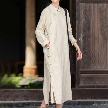 Buddha Stones Fall Plain Chinese Frog-Button Design Cotton Linen Long Sleeve Midi Dress With Pockets