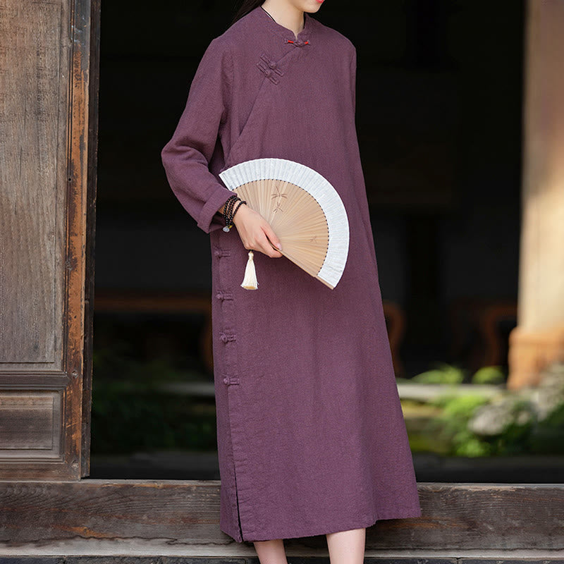 Buddha Stones Fall Plain Chinese Frog-Button Design Cotton Linen Long Sleeve Midi Dress With Pockets