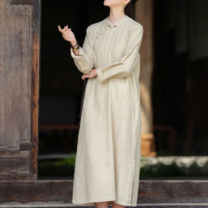Buddha Stones Fall Plain Chinese Frog-Button Design Cotton Linen Long Sleeve Midi Dress With Pockets