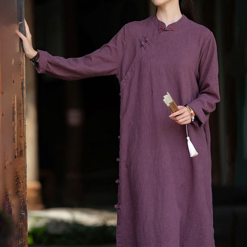Buddha Stones Fall Plain Chinese Frog-Button Design Cotton Linen Long Sleeve Midi Dress With Pockets