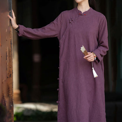 Buddha Stones Fall Plain Chinese Frog-Button Design Cotton Linen Long Sleeve Midi Dress With Pockets