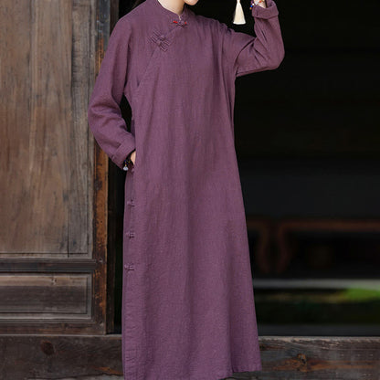 Buddha Stones Fall Plain Chinese Frog-Button Design Cotton Linen Long Sleeve Midi Dress With Pockets