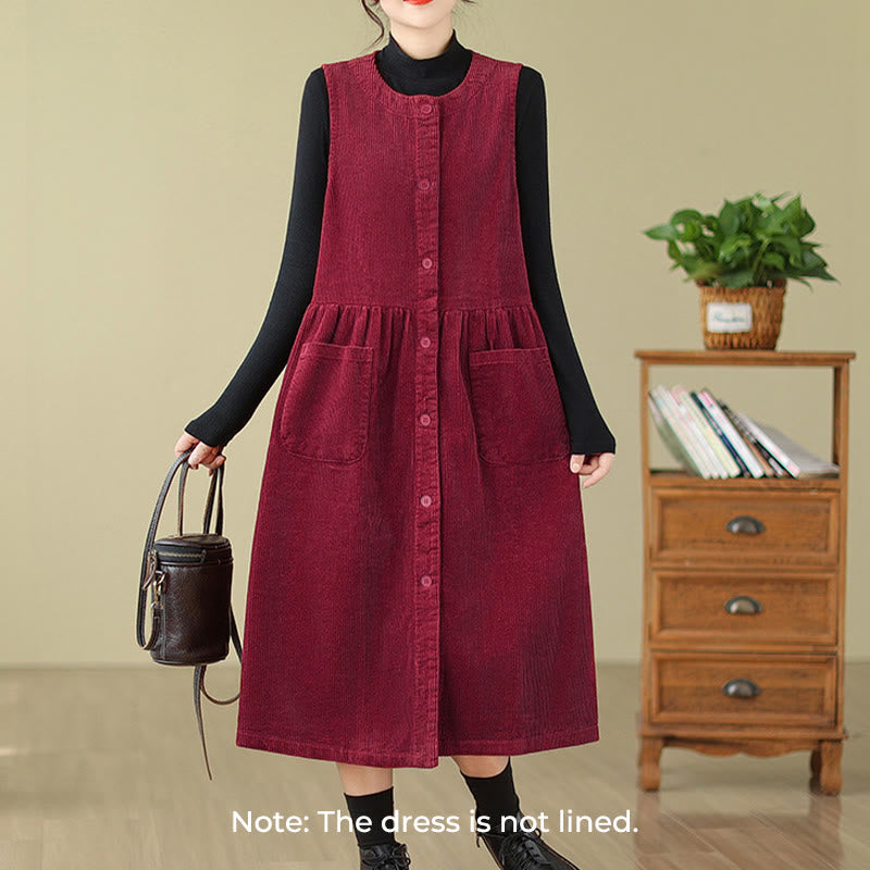 Buddha Stones Fall Retro Buttons Design Cotton Corduroy Sleeveless Midi Dress With Pockets