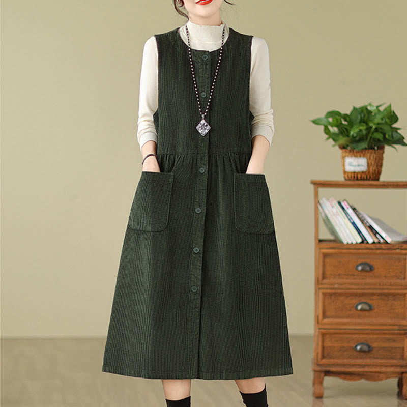 Buddha Stones Fall Retro Buttons Design Cotton Corduroy Sleeveless Midi Dress With Pockets