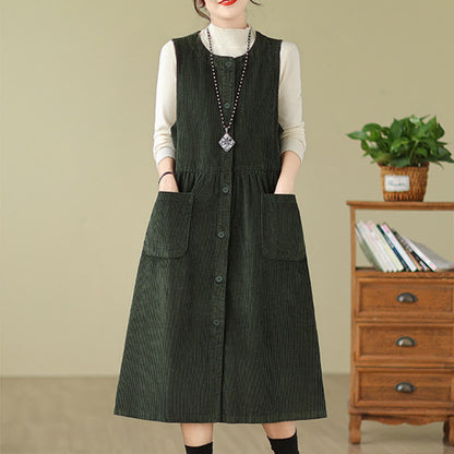 Buddha Stones Fall Retro Buttons Design Cotton Corduroy Sleeveless Midi Dress With Pockets