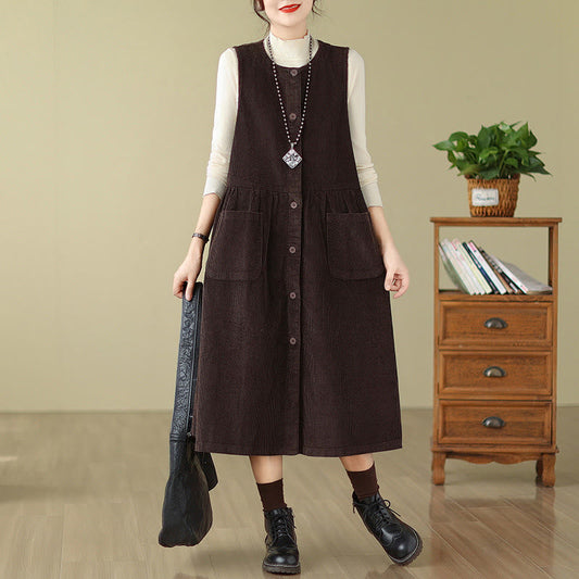 Buddha Stones Fall Retro Buttons Design Cotton Corduroy Sleeveless Midi Dress With Pockets