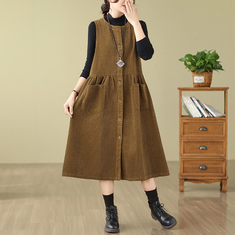 Buddha Stones Fall Retro Buttons Design Cotton Corduroy Sleeveless Midi Dress With Pockets