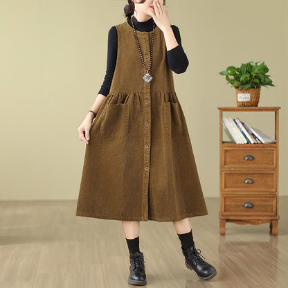 Buddha Stones Fall Retro Buttons Design Cotton Corduroy Sleeveless Midi Dress With Pockets