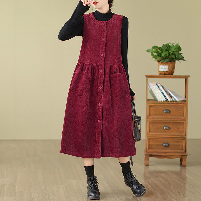 Buddha Stones Fall Retro Buttons Design Cotton Corduroy Sleeveless Midi Dress With Pockets