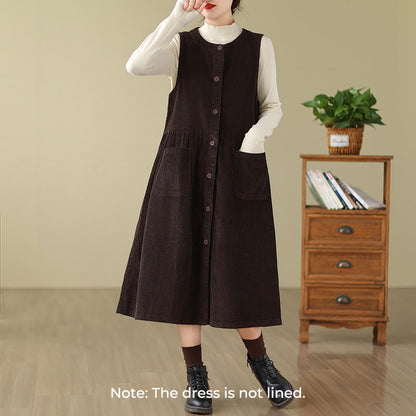 Buddha Stones Fall Retro Buttons Design Cotton Corduroy Sleeveless Midi Dress With Pockets