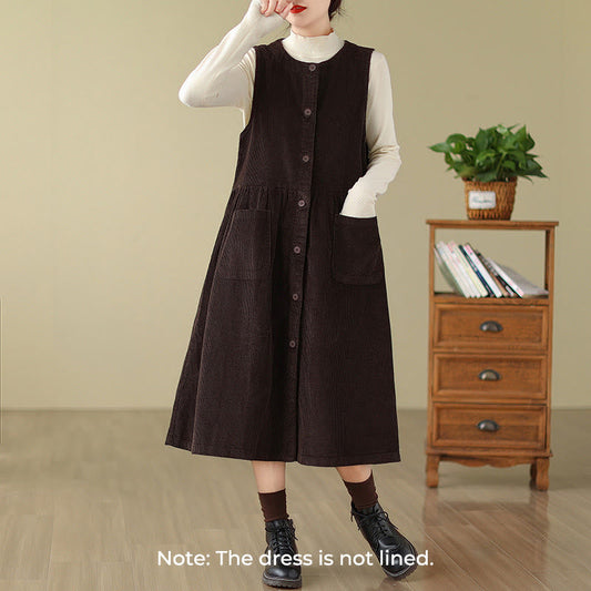 Buddha Stones Fall Retro Buttons Design Cotton Corduroy Sleeveless Midi Dress With Pockets