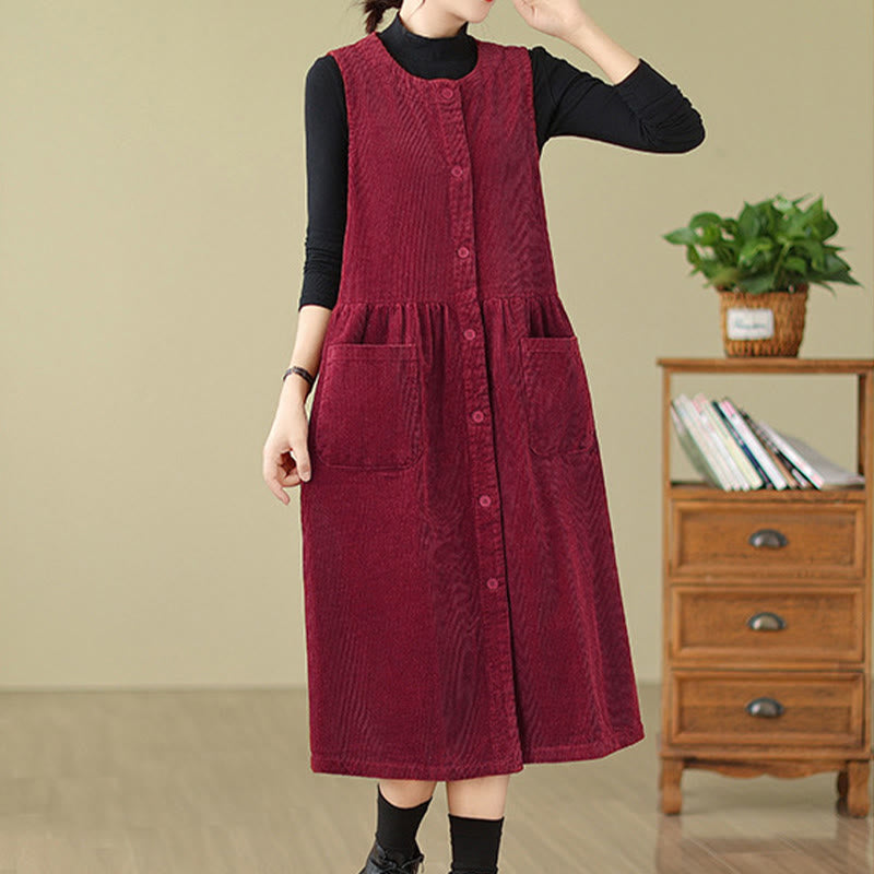 Buddha Stones Fall Retro Buttons Design Cotton Corduroy Sleeveless Midi Dress With Pockets