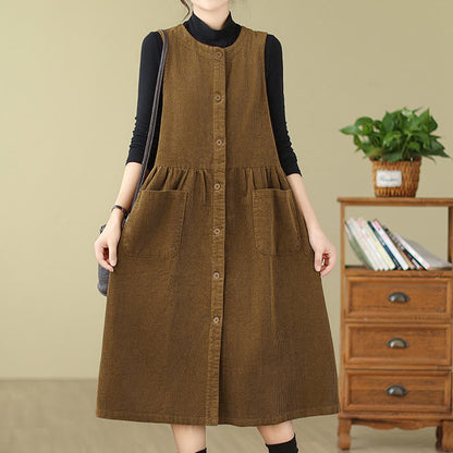 Buddha Stones Fall Retro Buttons Design Cotton Corduroy Sleeveless Midi Dress With Pockets