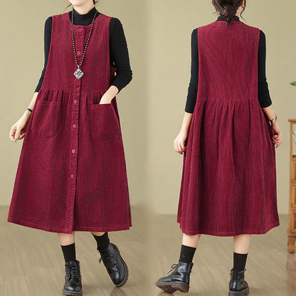 Buddha Stones Fall Retro Buttons Design Cotton Corduroy Sleeveless Midi Dress With Pockets