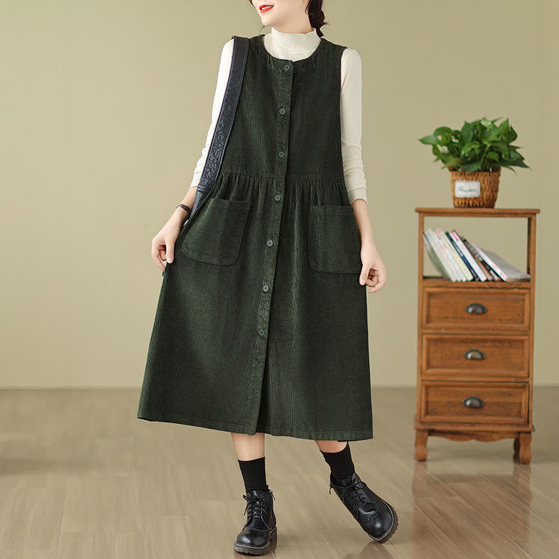 Buddha Stones Fall Retro Buttons Design Cotton Corduroy Sleeveless Midi Dress With Pockets