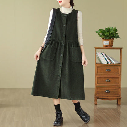 Buddha Stones Fall Retro Buttons Design Cotton Corduroy Sleeveless Midi Dress With Pockets