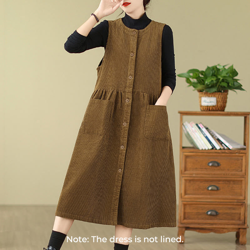 Buddha Stones Fall Retro Buttons Design Cotton Corduroy Sleeveless Midi Dress With Pockets