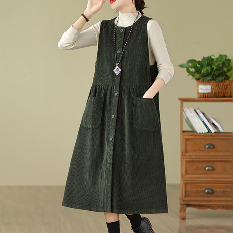 Buddha Stones Fall Retro Buttons Design Cotton Corduroy Sleeveless Midi Dress With Pockets