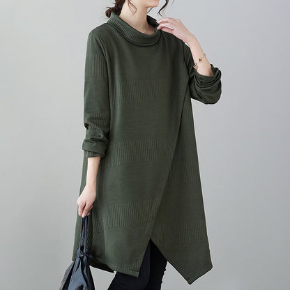 Buddha Stones Winter Irregular Hem Design Mock Neck Cotton Long Sleeve Midi Dress With Pockets