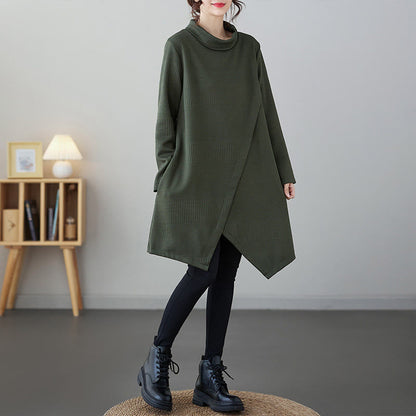 Buddha Stones Winter Irregular Hem Design Mock Neck Cotton Long Sleeve Midi Dress With Pockets
