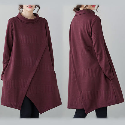 Buddha Stones Winter Irregular Hem Design Mock Neck Cotton Long Sleeve Midi Dress With Pockets