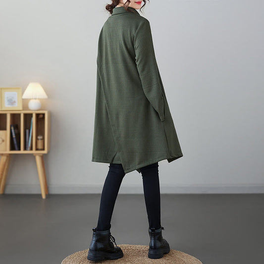 Buddha Stones Winter Irregular Hem Design Mock Neck Cotton Long Sleeve Midi Dress With Pockets