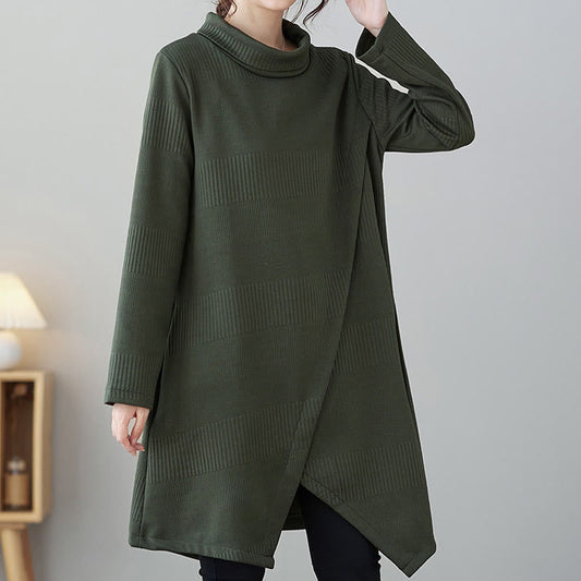 Buddha Stones Winter Irregular Hem Design Mock Neck Cotton Long Sleeve Midi Dress With Pockets