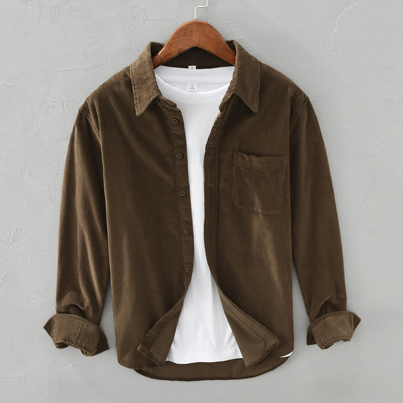 Buddha Stones Daily Plain Buttons Design Long Sleeve Men's Corduroy Pure Cotton Jacket With Pocket