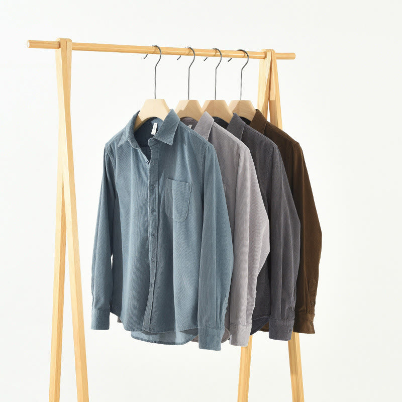 Buddha Stones Daily Plain Buttons Design Long Sleeve Men's Corduroy Pure Cotton Jacket With Pocket