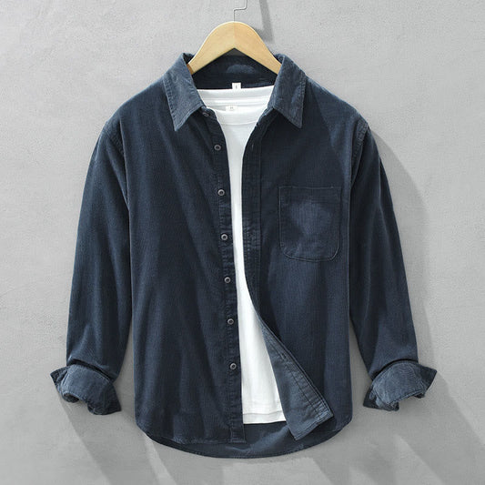 Buddha Stones Daily Plain Buttons Design Long Sleeve Men's Corduroy Pure Cotton Jacket With Pocket