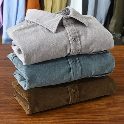 Buddha Stones Daily Plain Buttons Design Long Sleeve Men's Corduroy Pure Cotton Jacket With Pocket