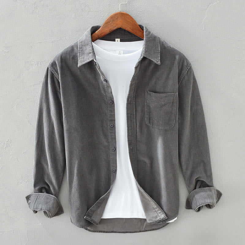 Buddha Stones Daily Plain Buttons Design Long Sleeve Men's Corduroy Pure Cotton Jacket With Pocket