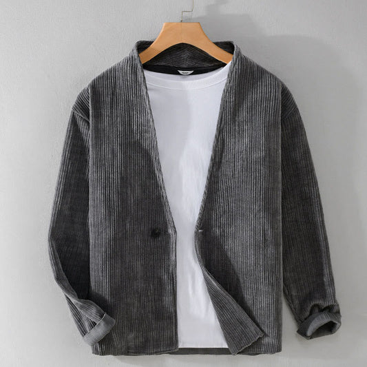 Buddha Stones Commute V-neck Simple Ribbed Texture Design Long Sleeve Men's Jacket