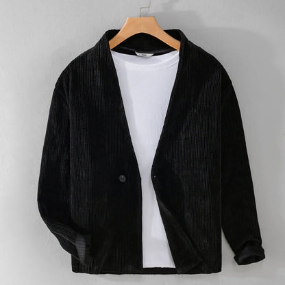 Buddha Stones Commute V-neck Simple Ribbed Texture Design Long Sleeve Men's Jacket