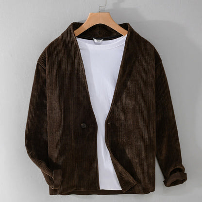 Buddha Stones Commute V-neck Simple Ribbed Texture Design Long Sleeve Men's Jacket