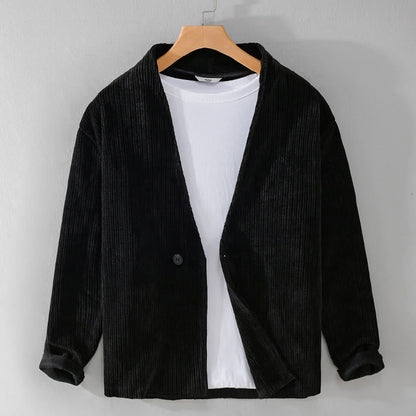 Buddha Stones Commute V-neck Simple Ribbed Texture Design Long Sleeve Men's Jacket