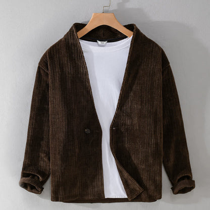 Buddha Stones Commute V-neck Simple Ribbed Texture Design Long Sleeve Men's Jacket