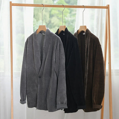 Buddha Stones Commute V-neck Simple Ribbed Texture Design Long Sleeve Men's Jacket