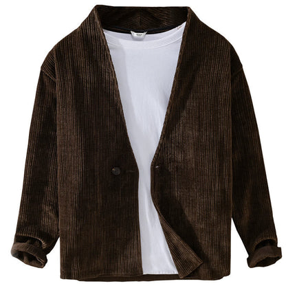 Buddha Stones Commute V-neck Simple Ribbed Texture Design Long Sleeve Men's Jacket