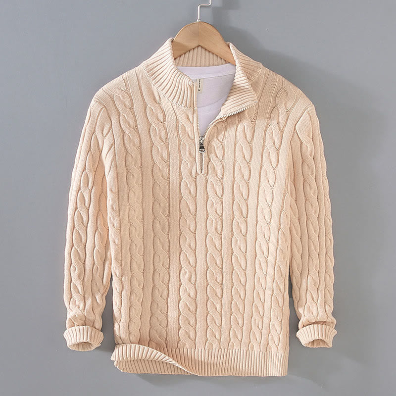 Buddha Stones Winter Textured High Neck Zipper Design Men's Long Sleeve Cotton Sweater