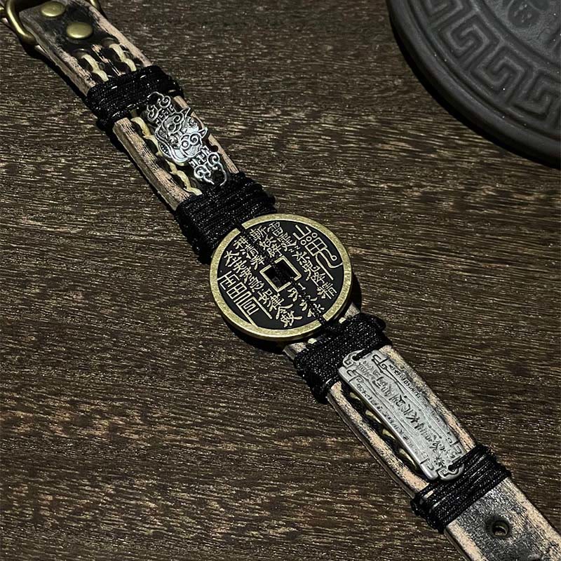 Buddha Stones Pixiu Mountain Ghosts Spend Money Luck Leather Watch Band Bracelet