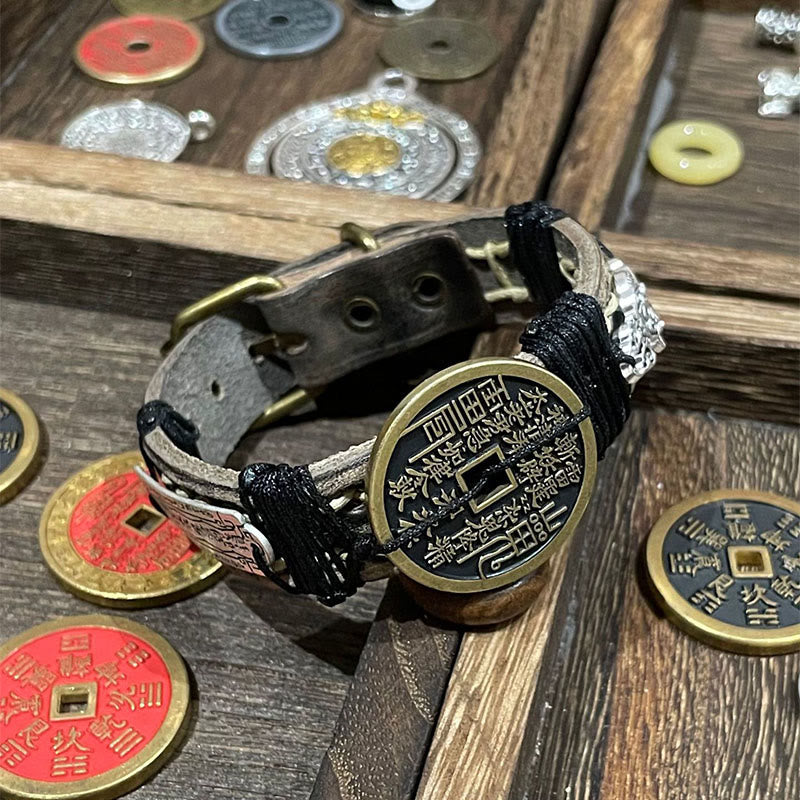Buddha Stones Pixiu Mountain Ghosts Spend Money Luck Leather Watch Band Bracelet