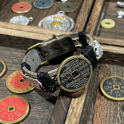 Buddha Stones Pixiu Mountain Ghosts Spend Money Luck Leather Watch Band Bracelet