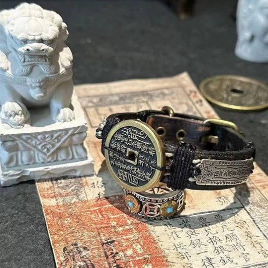 Buddha Stones Pixiu Mountain Ghosts Spend Money Luck Leather Watch Band Bracelet