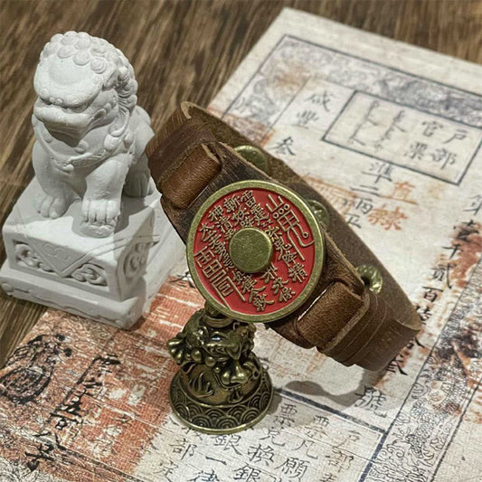 Buddha Stones Cinnabar Mountain Ghosts Spend Money Blessing Leather Watch Band Bracelet